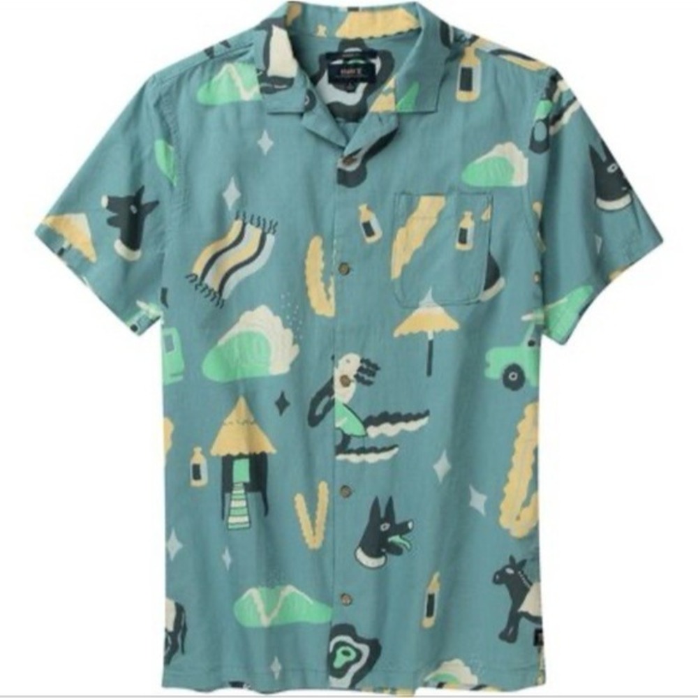 Roark Gonzo‎ Viaje Button Down Shirt  XL Abstract Pattern Dog Blue Organic